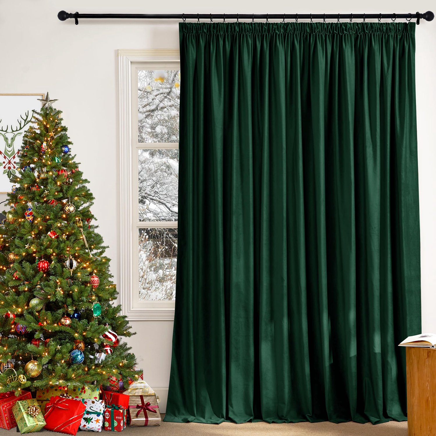 Famanu Thermisch isolerende zwarte gordijnen van fluweel, blackout gordijnen met haken, 300 x 240 cm, donkergroen, perfect voor het verduisteren van de ruimte en het creëren van een luxe uitstraling in de woonkamer of slaapkamer