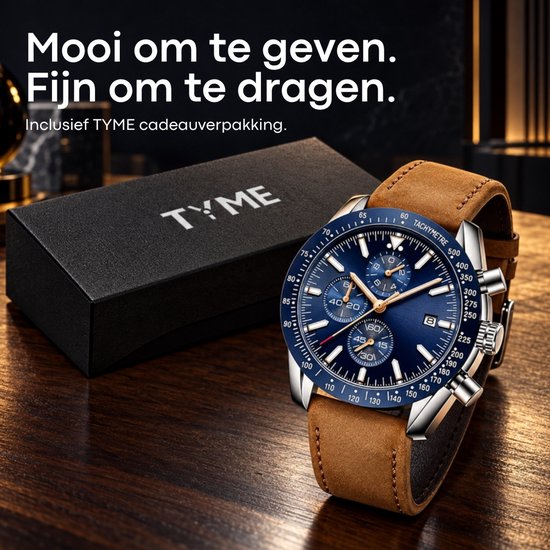 TYME Florence horloge met blauwe wijzerplaat en cognacbruine band naast een TYME cadeauverpakking.