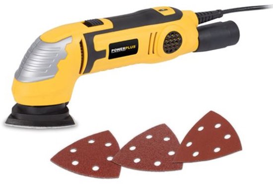 Gele Powerplus delta schuurmachine met zwarte details, inclusief driehoekige schuurvellen.