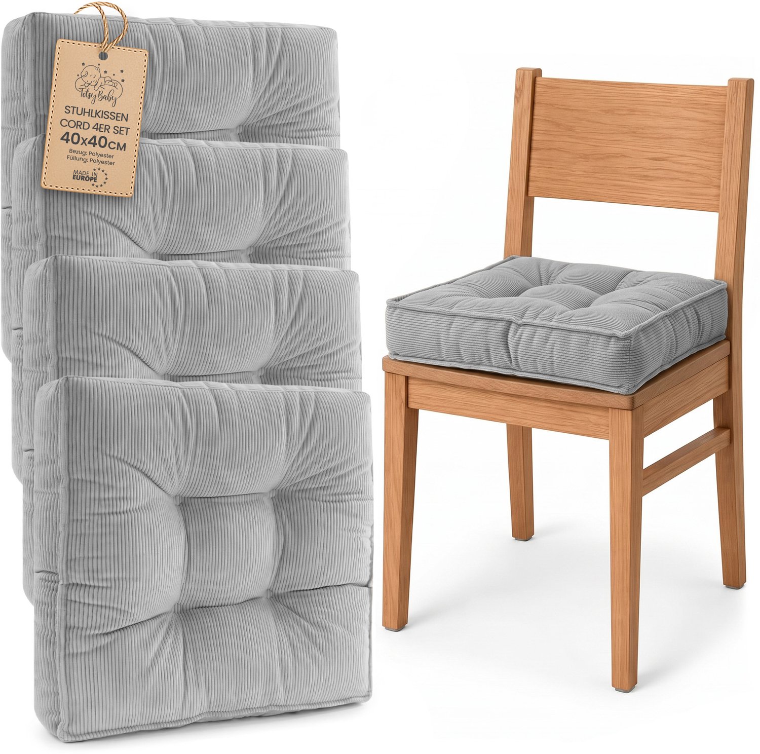 Amazinggirl Zitkussen voor Eetkamerstoel en Keukenstoel Vierkant Zacht Lichtgrijs Corduroy (4 stuks)