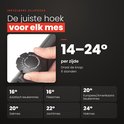 Detail van de hand die de instelknop van de messenslijper draait om de slijphoek tussen 14 en 24 graden te kiezen.