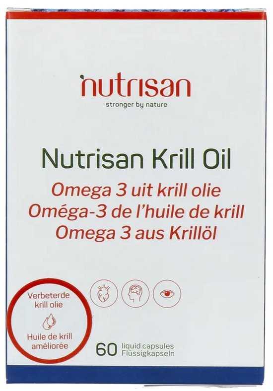 Voorkant van Nutrisan Krill Oil doosje, wit met rode tekst en logo, bevat 60 vloeibare capsules.