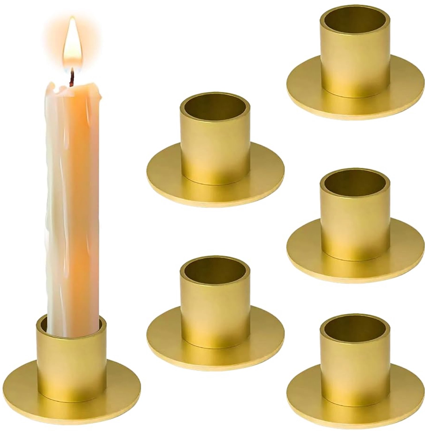 Famanu Set van 6 gouden kaarsenhouders voor staafkaarsen met een diameter van 2,2 cm, ideaal voor elegante tafeldecoratie en feestelijke gelegenheden