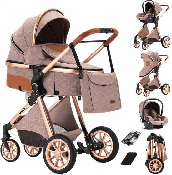 Lunola 3-in-1 kinderwagen in khaki met doorgestikt patroon, roségouden frame, bruine details en bijpassende luiertas.