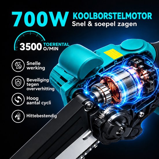 MAWIRON Mini Kettingzaag met Koolborstelmotor – 18V – 6 Inch – 2 × 3,0Ah Accu’s en Oplader – Draadloze Snoeizaag en Takkenzaag voor Tuinonderhoud — afbeelding 4