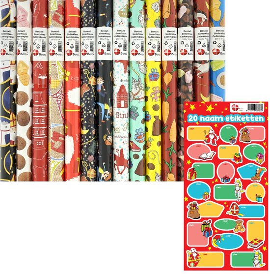 Stapel cadeaupapierrollen met Sinterklaas-, kerst- en kinderprints. Inclusief stickervel met 20 naamlabels.