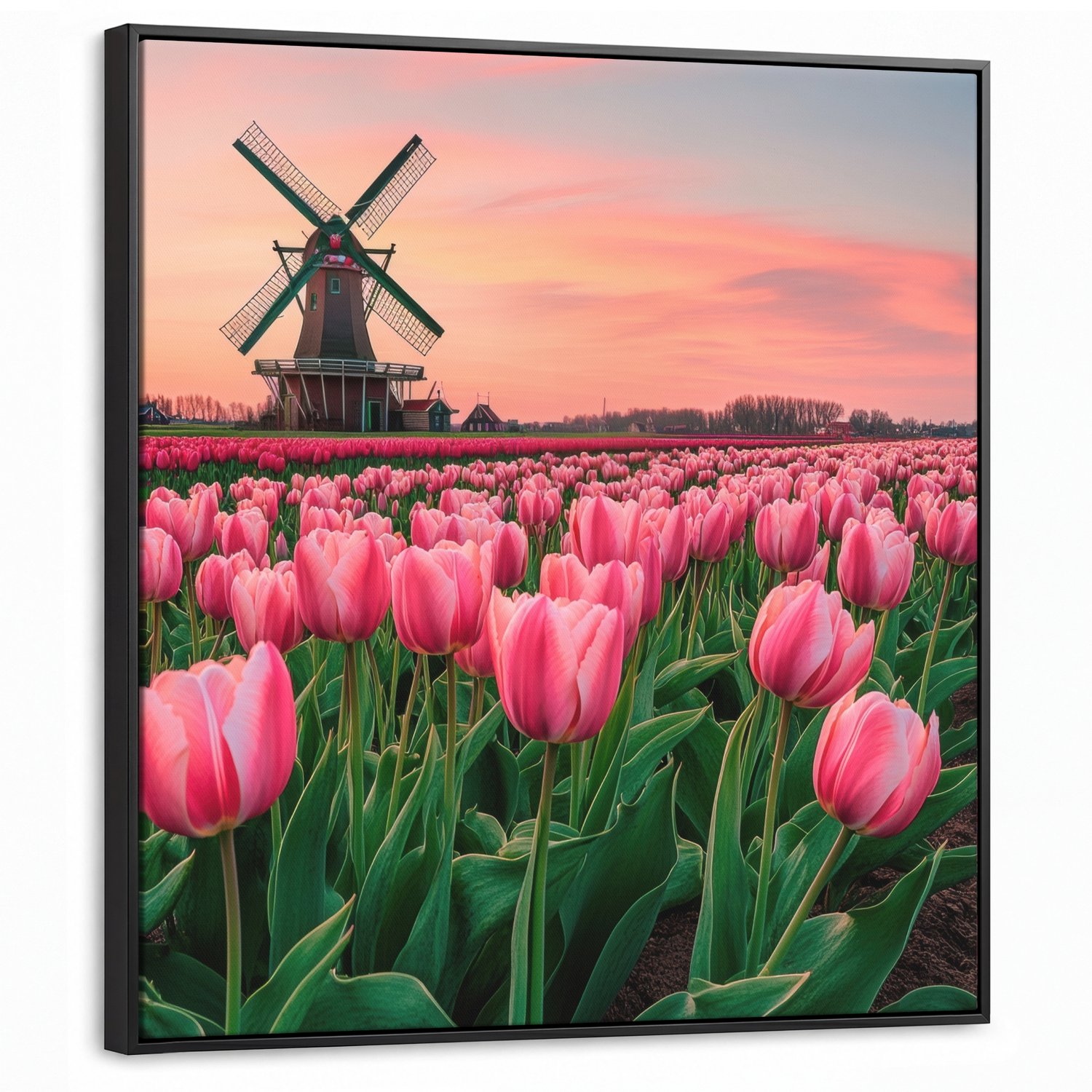 Canvas Schilderij met Baklijst 90x90cm - Tulpen - Molen - Nederland - Muurdecoratie woonkamer - Slaapkamer decoratie - Kamer accessoires - Schilderijen op canvas met lijst