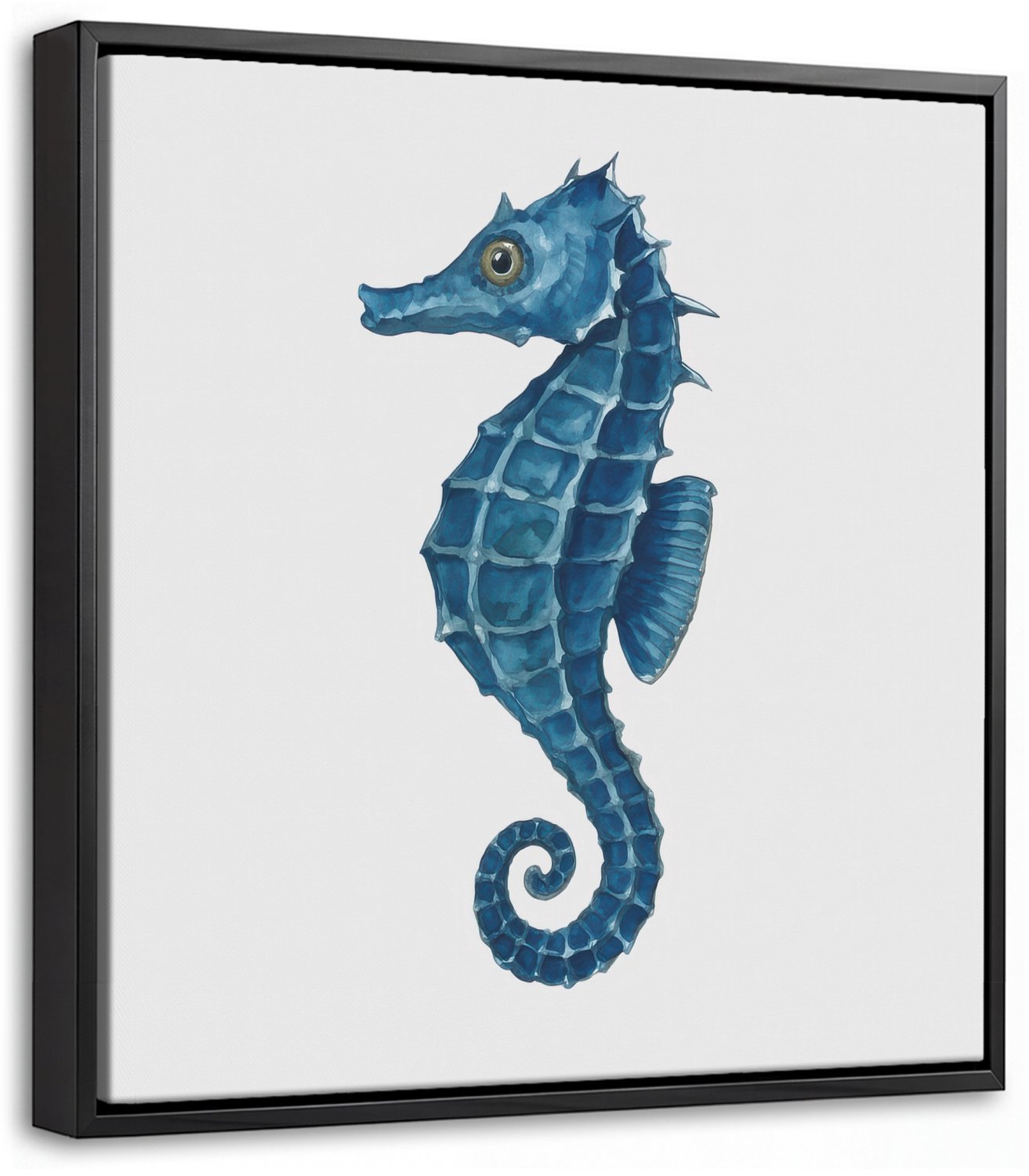 Canvas Schilderij met Baklijst 20x20cm - Zeepaardje - Staart - Blauw - Muurdecoratie woonkamer - Slaapkamer decoratie - Kamer accessoires - Schilderijen op canvas met lijst