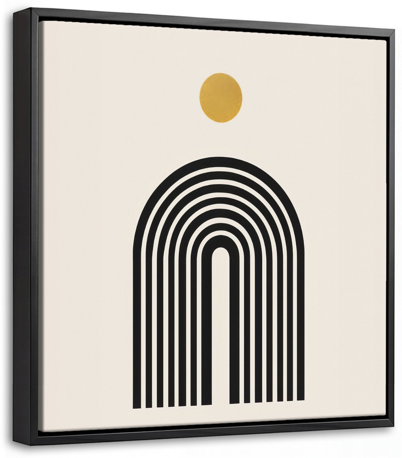 Canvas Schilderij met Baklijst 20x20cm - Minimalistisch - Zwarte boog - Gouden cirkel - Muurdecoratie woonkamer - Slaapkamer decoratie - Kamer accessoires - Schilderijen op canvas met lijst
