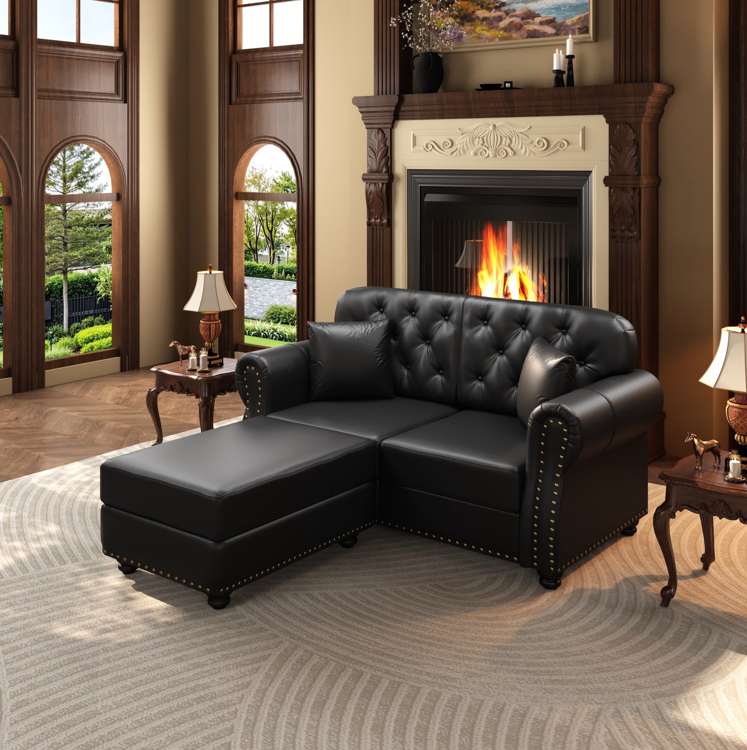 OKWISH Chesterfield Bank 160 cm - Tweezitsbank met Losse Voetenbank en Geknoopte Rugleuning - voor de Woonkamer - Kunstleer - Zwart