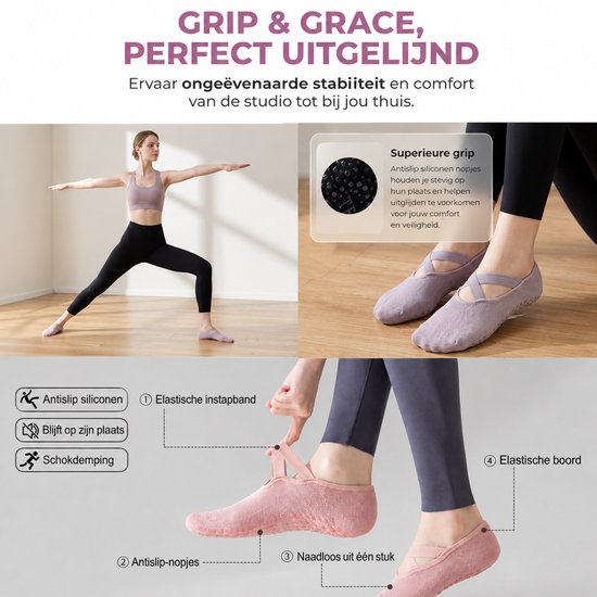 ECTEATOY® 3-Pack Pilates Sokken Antislip - Yogasokken Dames met Kruis Elastiek - voor Pilates, Barre & Balletsokken - Zwart, Paars & Roze van SNOCKS — afbeelding 4