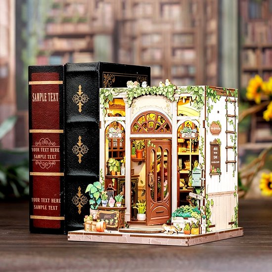 DIY "Boekenhoek" Bouwmodel - Mini Groene Boekhandel - 3D Houten Puzzel - Zelf in elkaar te zetten Huis - Miniatuur Scène Set - Model Speelgoed - Geschikt voor Boekenplanken en Woondecoratie - Inclusief LED-verlichting