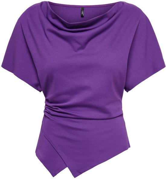 Paarse ONLY top met gedrapeerde halslijn, korte mouwen en een asymmetrische zoom met rimpeldetails aan de zijkant.