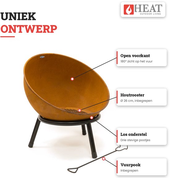 Vuurschaal in roestlook met aanduidingen voor open voorkant, houtrooster, onderstel en pook.