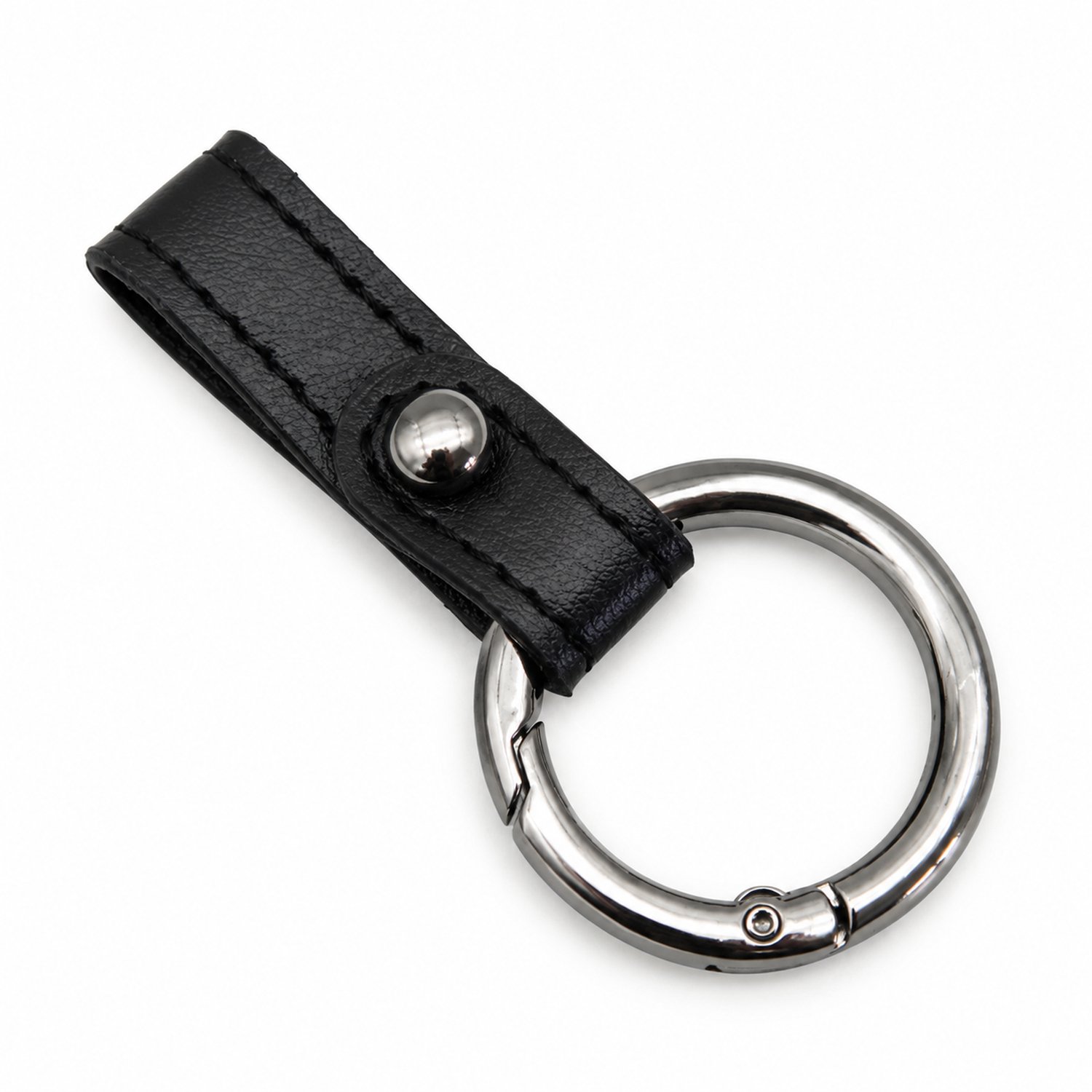 Sleutelhanger met zwarte PU-lus en ronde sleutelring, glanzend gunmetalkleurige onderdelen