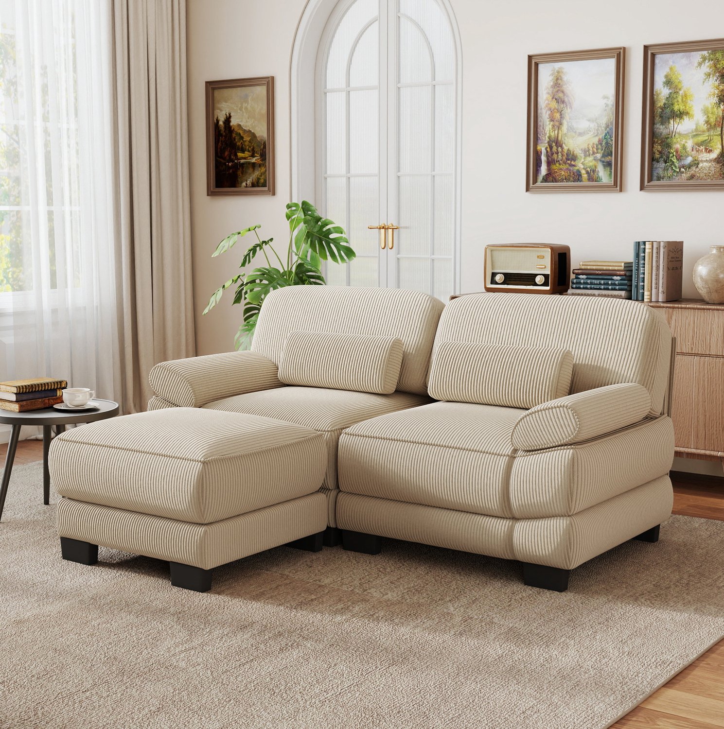 MIVRAY Hoekbank 194 x 161 x 94 cm - Modulaire 2-Zits met Voetenbank en Lendenkussen - Voor Woonkamer en Appartement - Ribstof - Beige