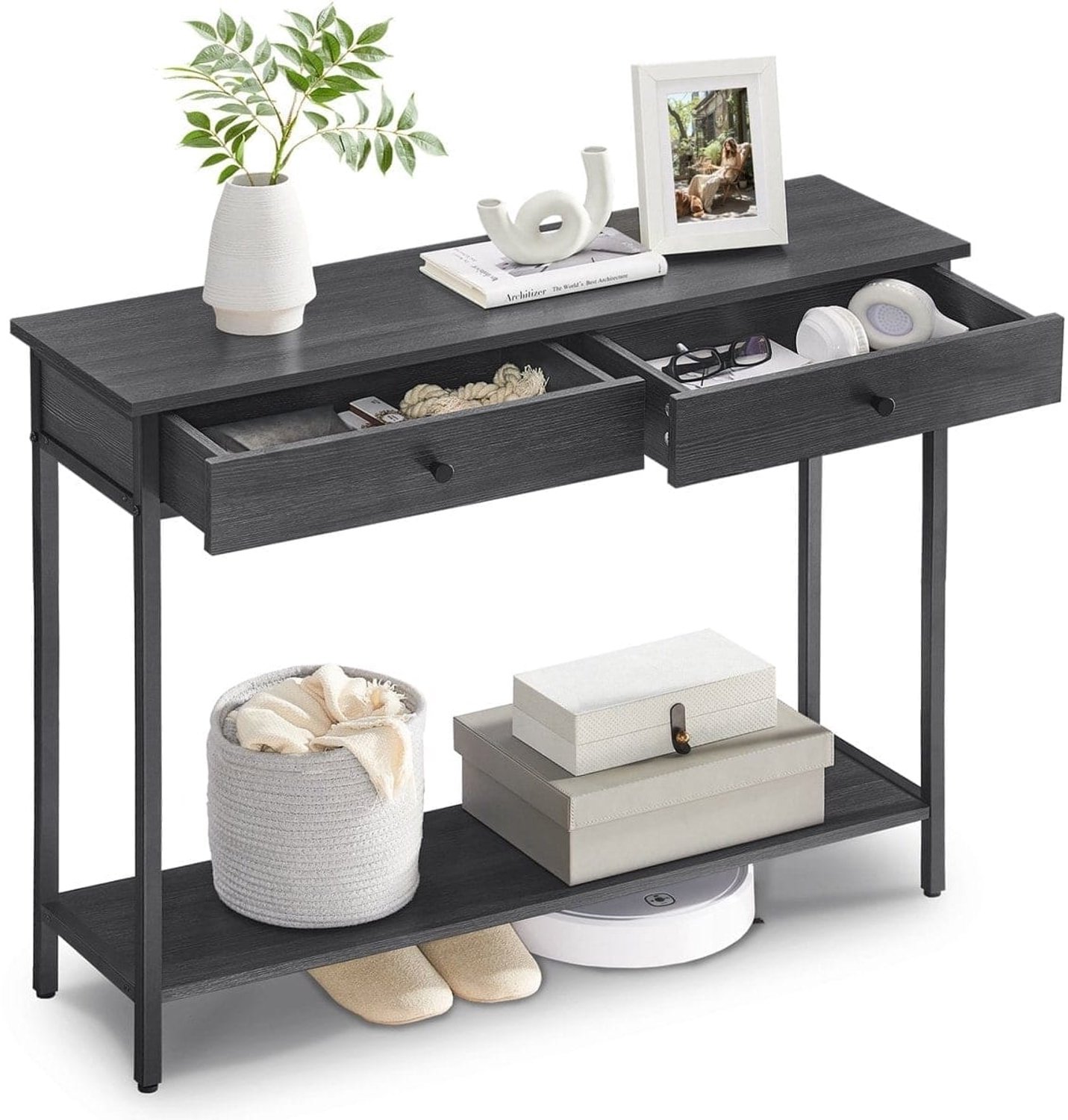 Klarven Console Tafel Zwart - Consoletafel met Lades - Industriële Consoletafel - Console - Hal Tafel met Laden - Stevig Metalen Frame Antraciet | Zwart
