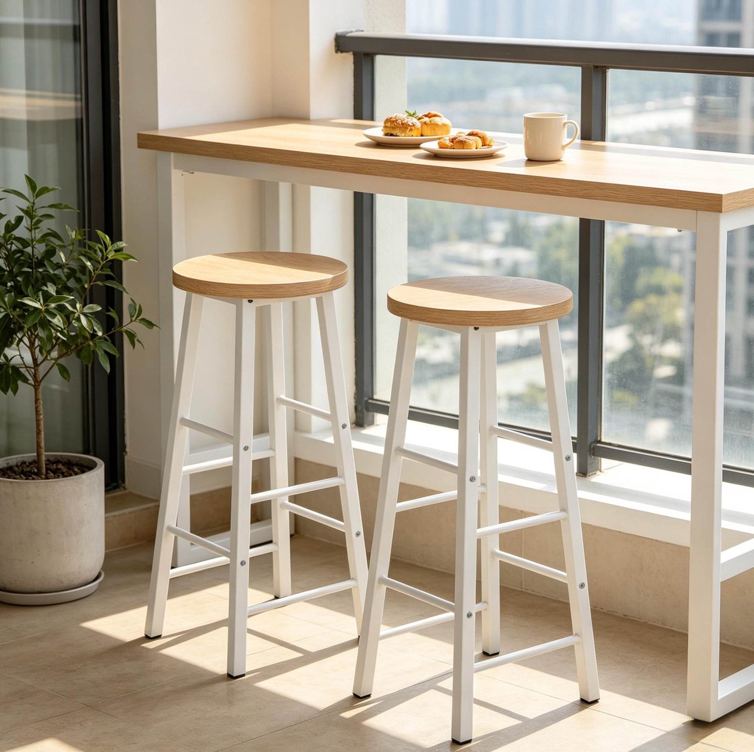 MODFU Set Van 2 Barkrukken - Ronde MDF-Zitting - Voetensteun - Metaal - Licht Eiken Licht eiken, wit