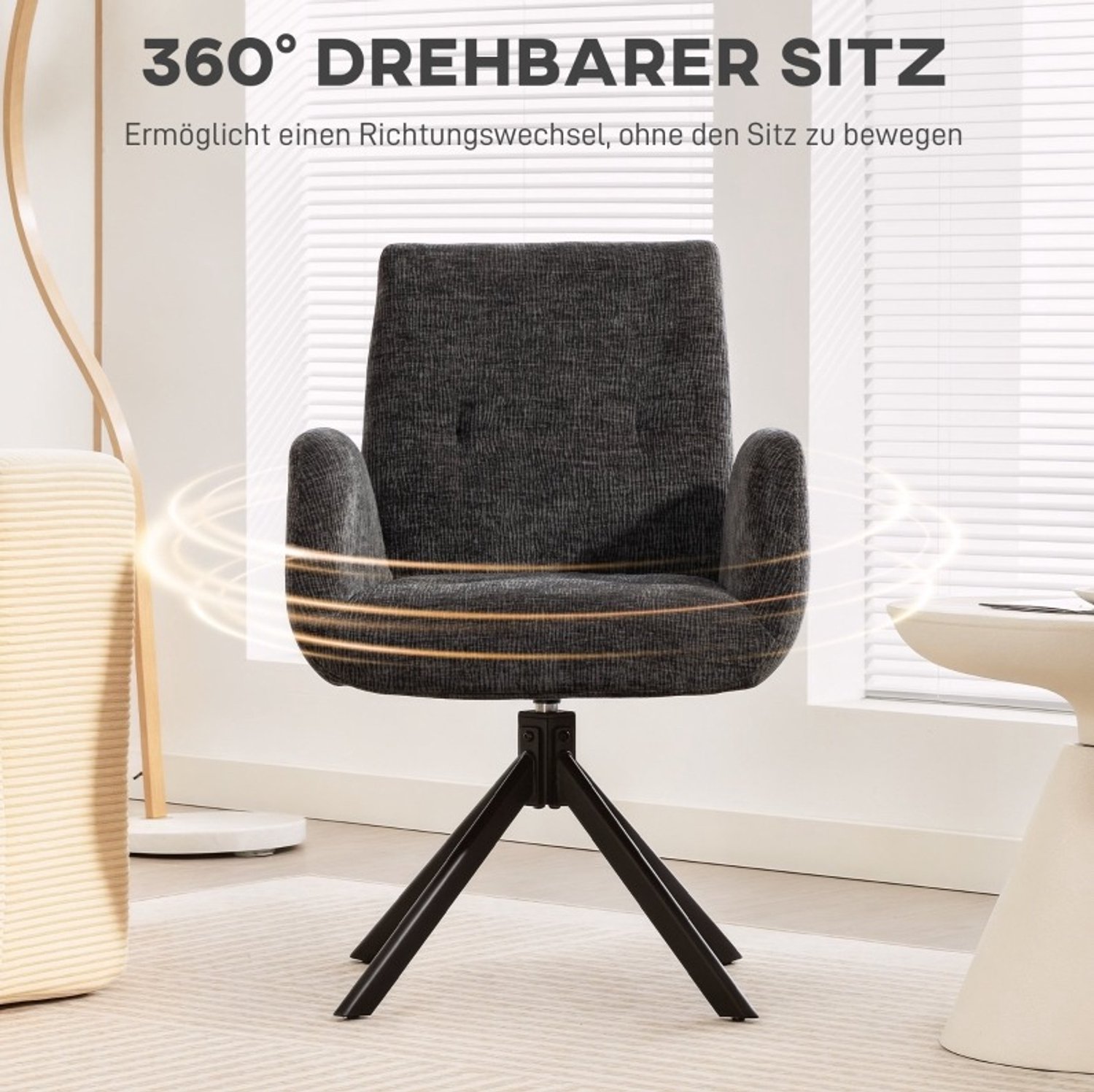 DESMIU Fauteuil 60 x 61 x 88 cm - 360 Graden Draaibaar met Armleuningen en Knoopdetails - Voor Woonkamer en Leeshoek - Stof - Zwart