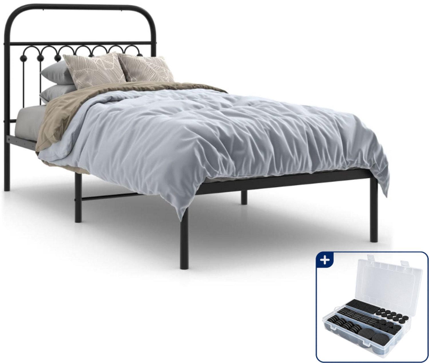 vidaXL bedframe met hoofdbord - 90 x 200 cm - metaal - zwart - Inclusief antikrasvilt 177-delig