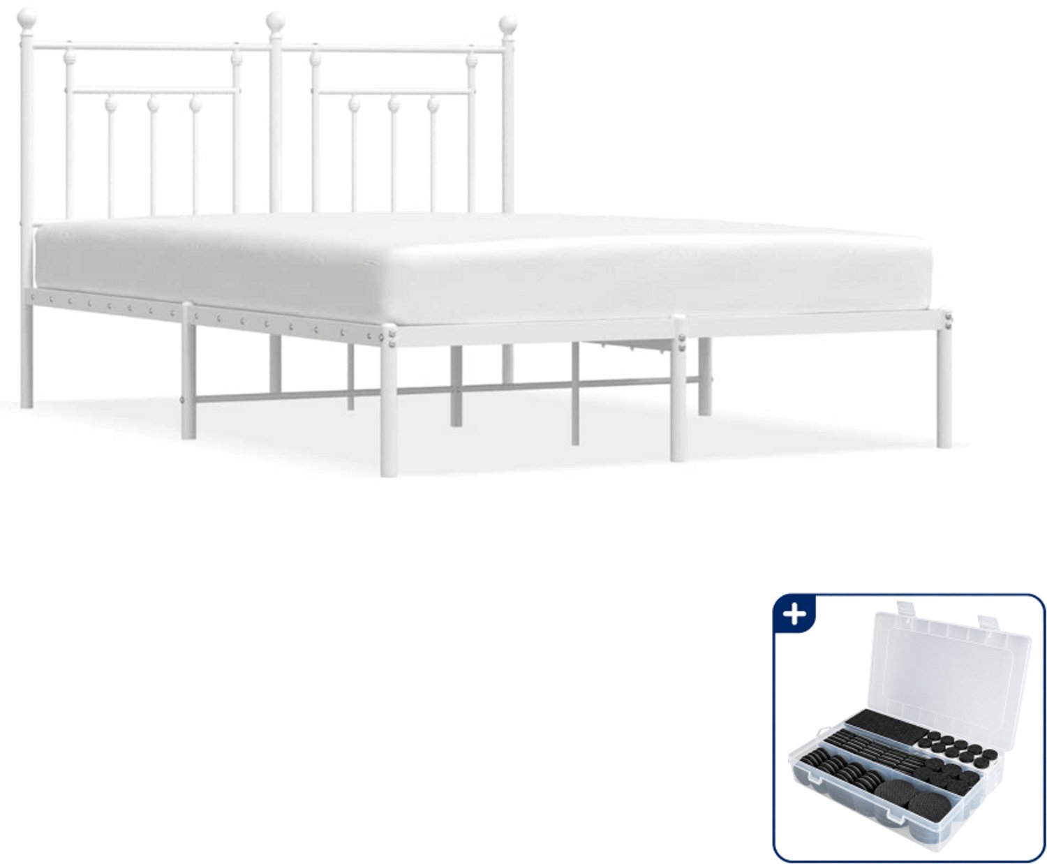 vidaXL bedframe met hoofdbord - 140 x 190 cm - staal - wit - Inclusief antikrasvilt 177-delig