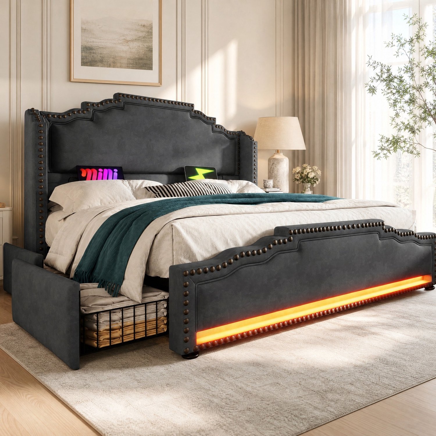 Maisentiel Gestoffeerd bed 140 x 200 cm - Grijs velours - 4 lades, LED, USB-C en lattenbodem