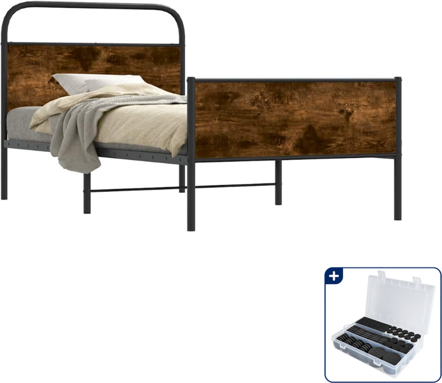 vidaXL bedframe - 100 x 190 cm - staal en bewerkt hout - sonoma eiken - Inclusief antikrasvilt 177-delig Bruin