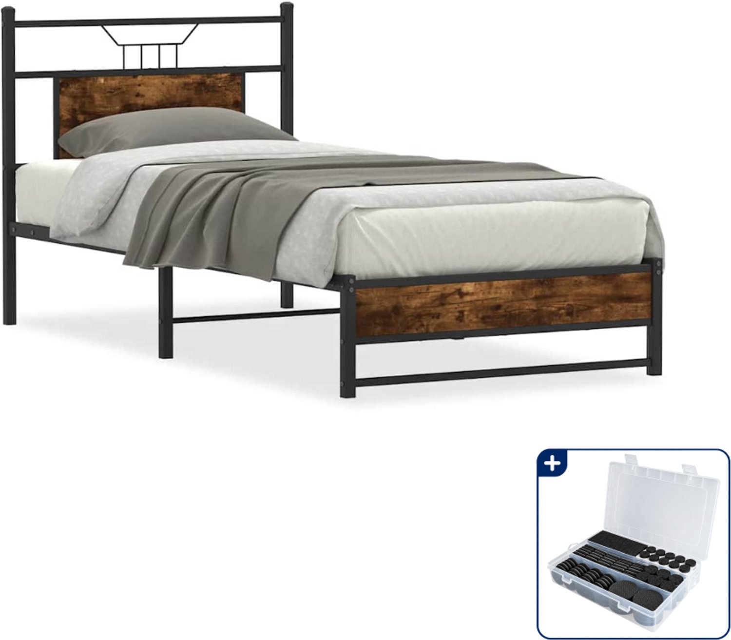 vidaXL bedframe - 75 x 190 cm - gerookt eiken - Inclusief antikrasvilt 177-delig Bruin