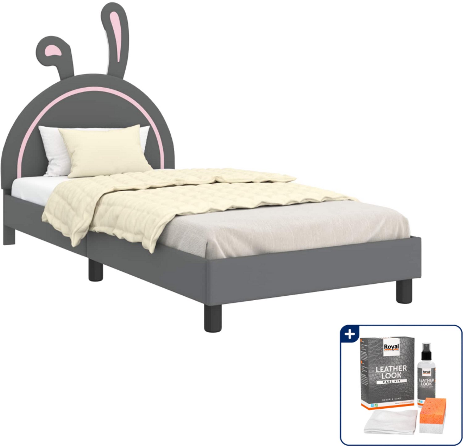 vidaXL kinderbedframe - 80 x 200 cm - bewerkt hout - lichtgrijs - Inclusief onderhoudsset voor kunstleer 150 ml
