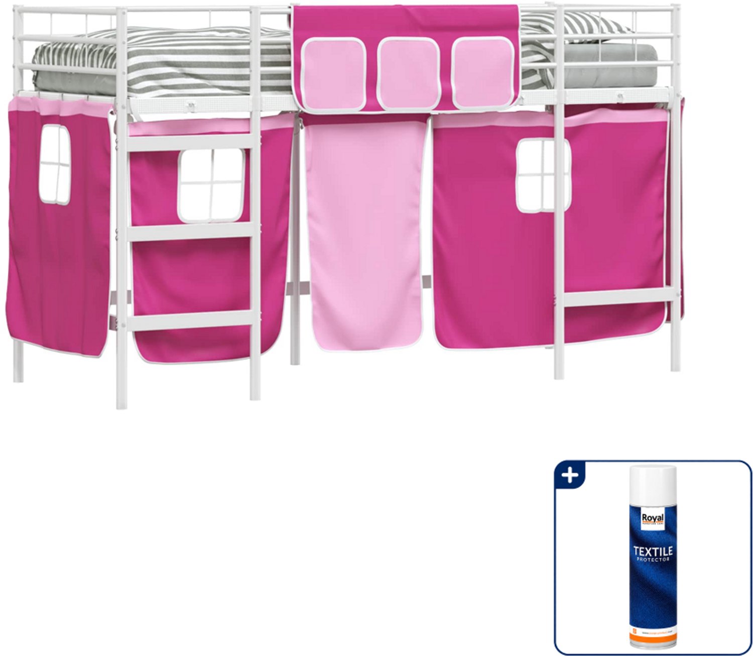 vidaXL kinderhoogslaper met gordijnen - 75 x 190 cm - metaal - wit - Inclusief textielbeschermer 500 ml