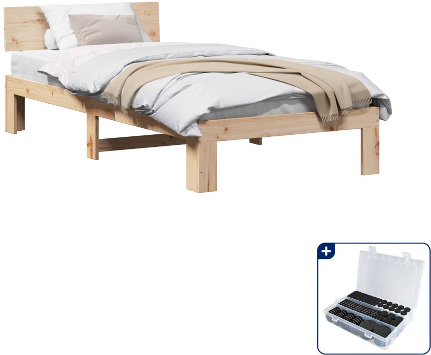 vidaXL bedframe met hoofdeinde - 90 x 190 cm - massief grenenhout - naturel - Inclusief antikrasvilt 177-delig Bruin