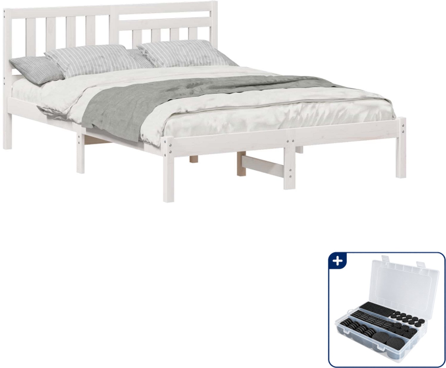 vidaXL Bedframe met hoofdeinde - 135 x 190 cm - massief grenenhout - wit - Inclusief antikrasvilt 177-delig