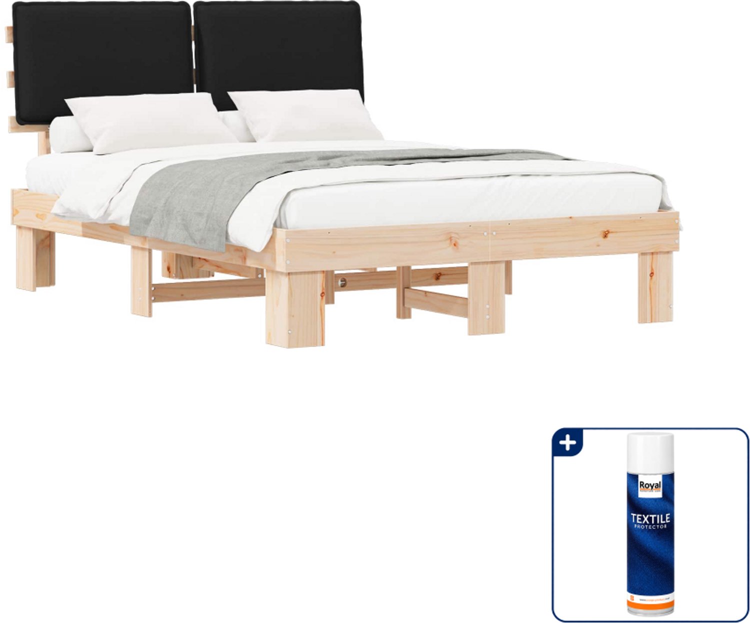 vidaXL Bedframe - 150 x 200 cm - massief grenenhout - zwart - Inclusief textielbeschermer 500 ml