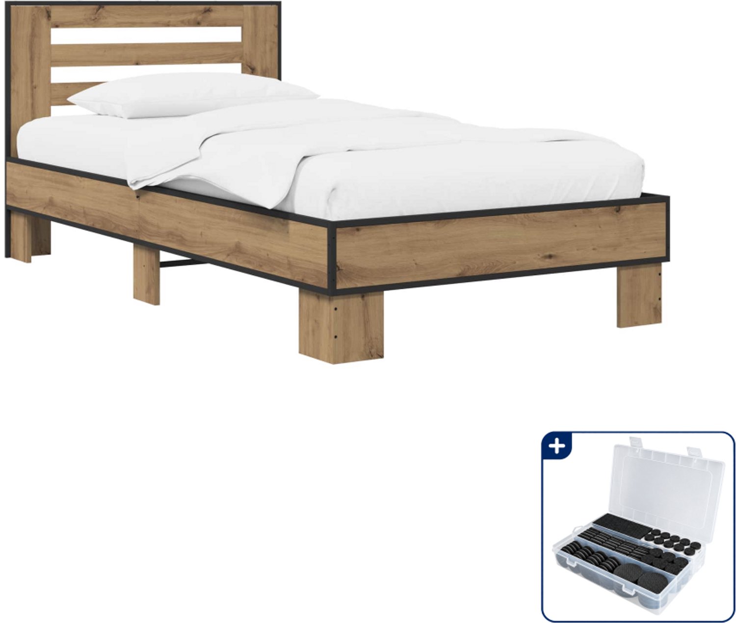 vidaXL Bedframe met hoofdeinde - 80 x 200 cm - bewerkt hout - eiken - Inclusief antikrasvilt 177-delig Bruin