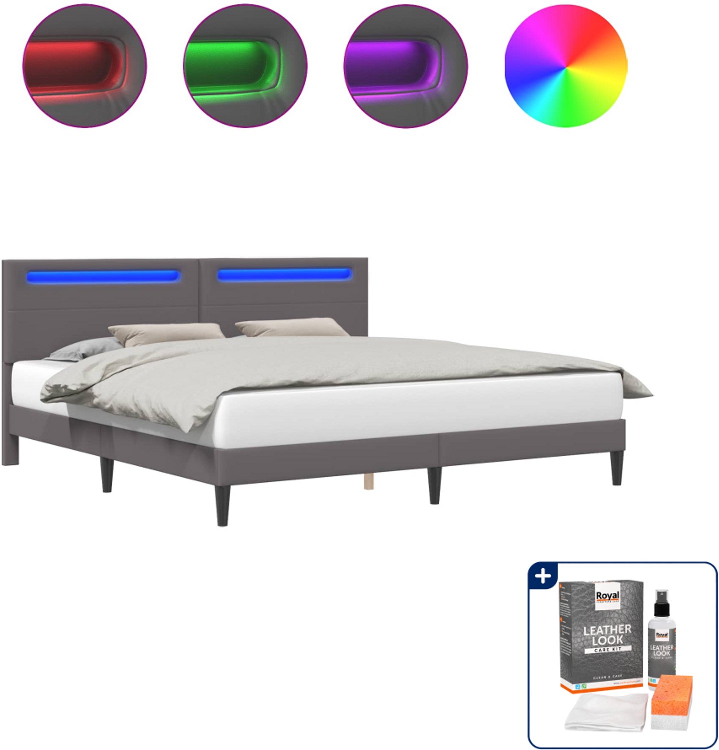vidaXL Bedframe - 200 x 200 cm - kunstleer - grijs - Inclusief onderhoudsset voor kunstleer 150 ml