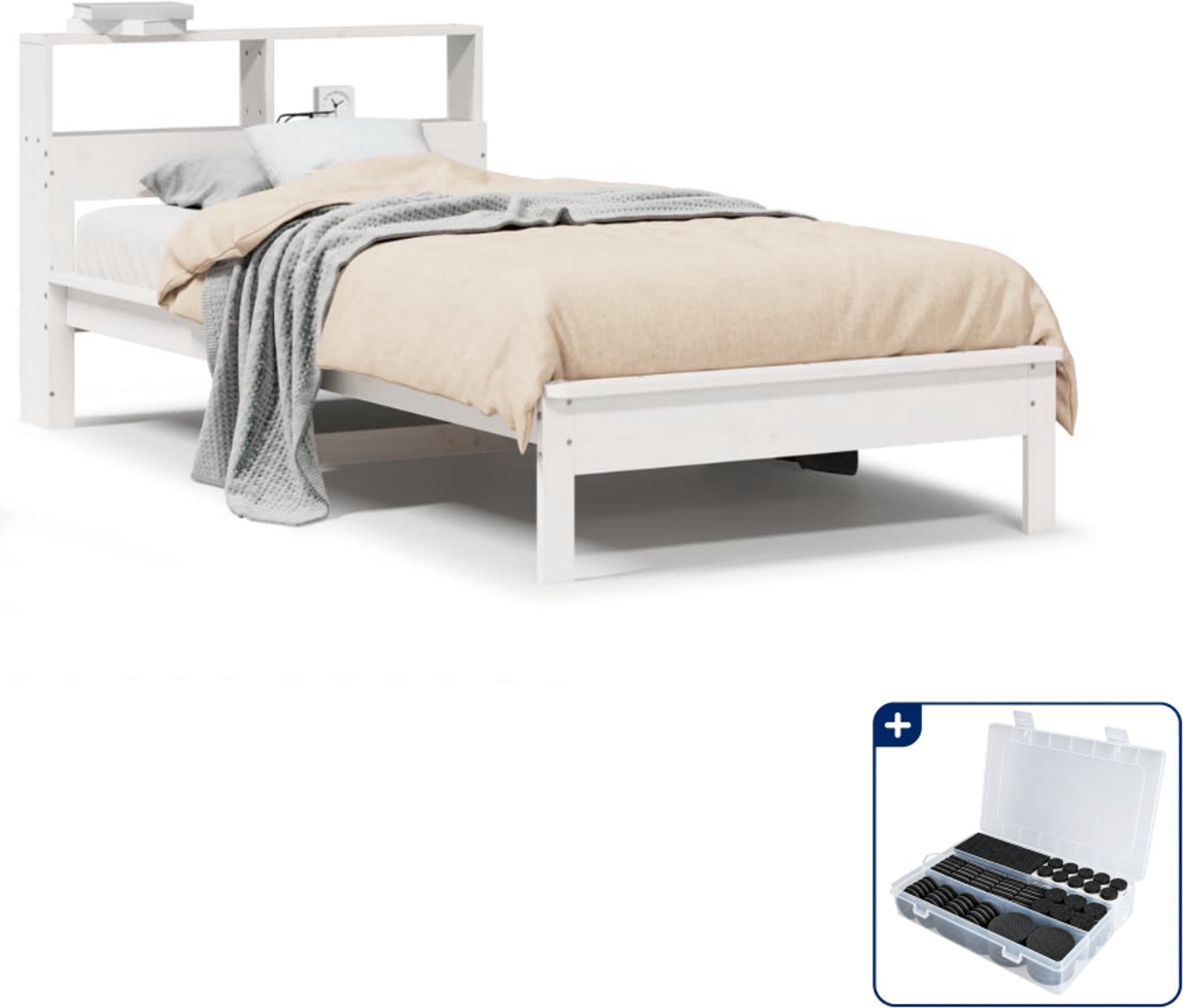 vidaXL bed met boekenkast - 100 x 200 cm - massief grenenhout - wit - Inclusief antikrasvilt 177-delig