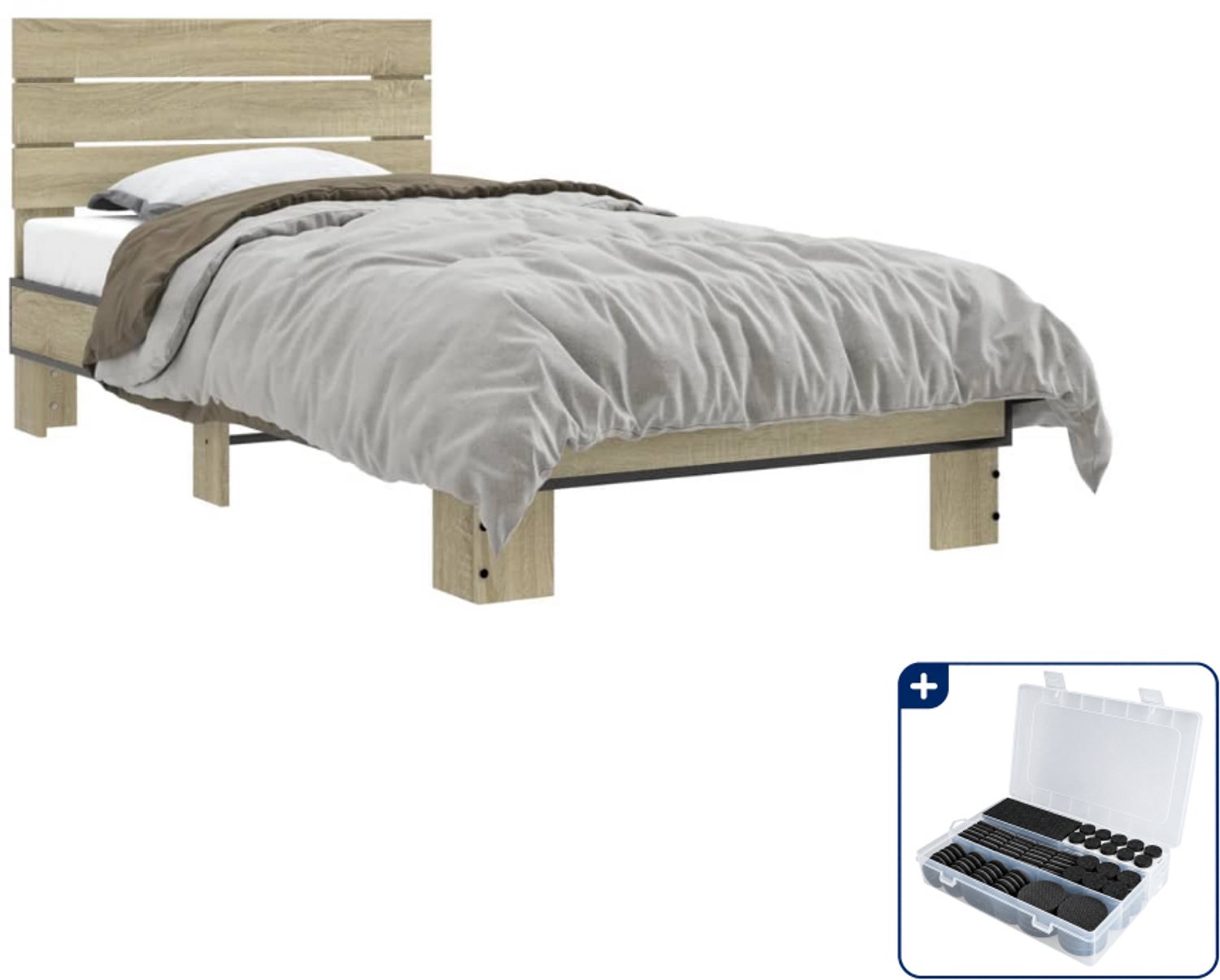 vidaXL bedframe - 90 x 190 cm - bewerkt hout en metaal - sonoma eiken - Inclusief antikrasvilt 177-delig Bruin