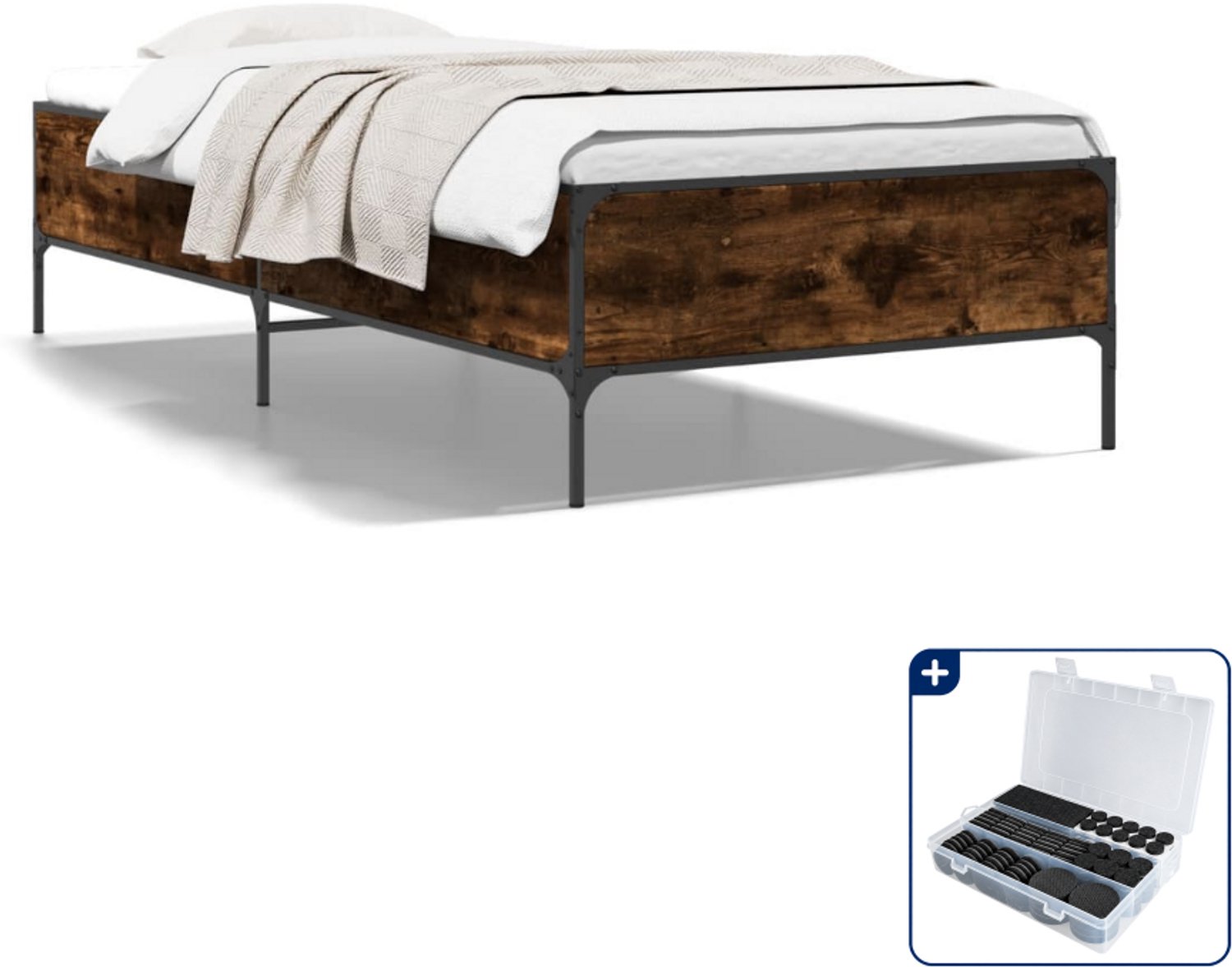 vidaXL bedframe - 90 x 200 cm - bewerkt hout en metaal - gerookt eiken - Inclusief antikrasvilt 177-delig Bruin