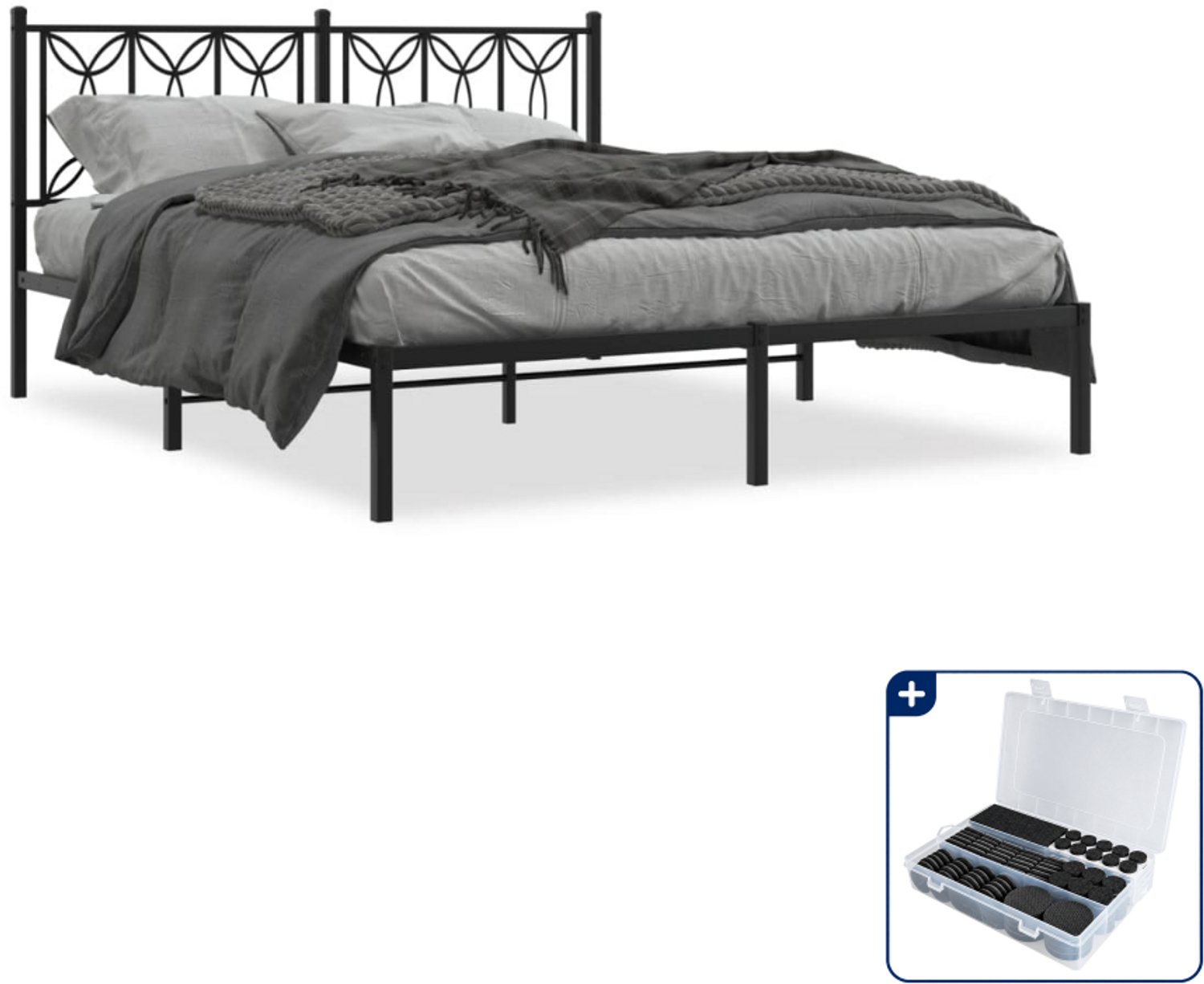 vidaXL bedframe met hoofdbord - 150 x 200 cm - staal - zwart - Inclusief antikrasvilt 177-delig