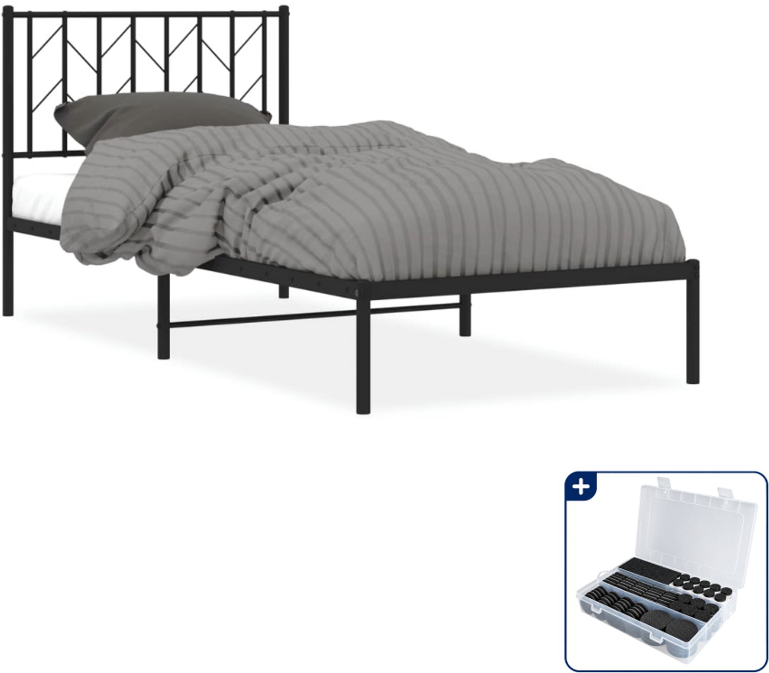 vidaXL bedframe met hoofdbord - 90 x 200 cm - staal - zwart - Inclusief antikrasvilt 177-delig
