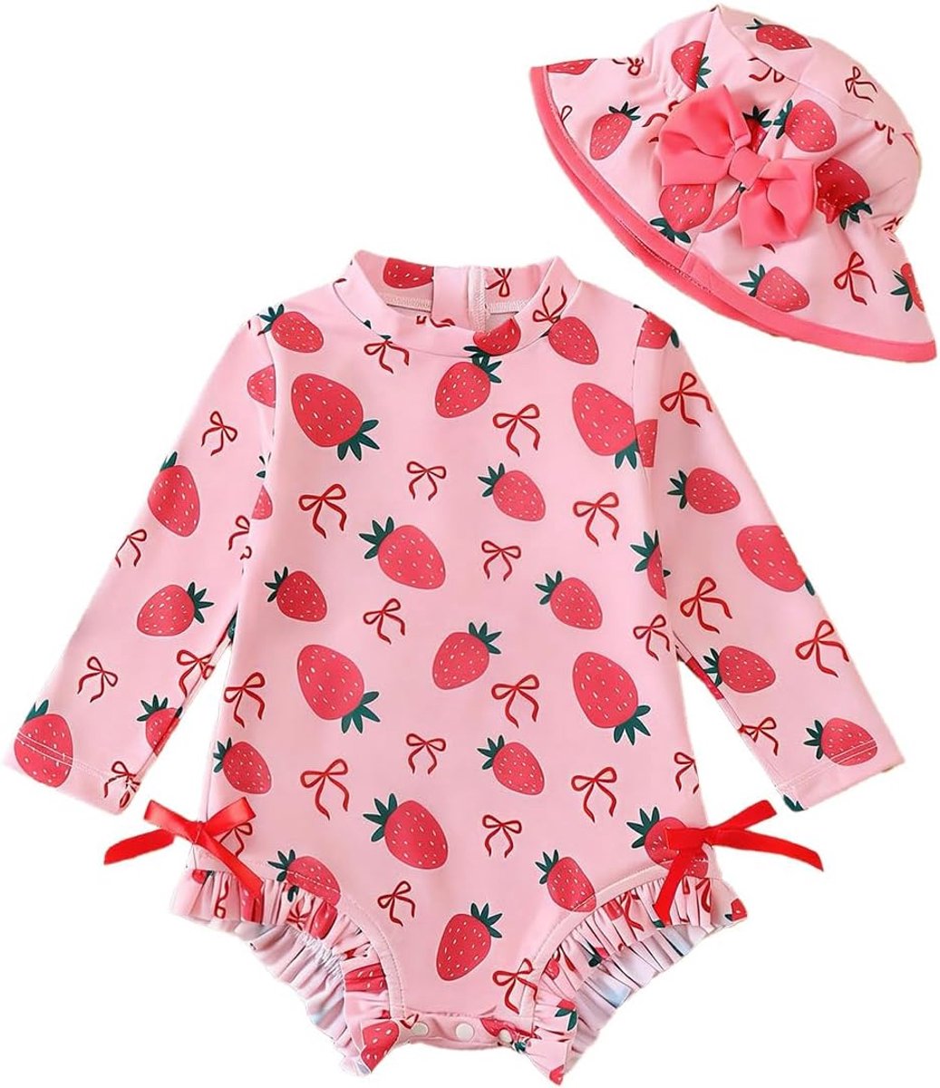 Badpak voor babymeisjes, lange mouwen, eendelig met hoed, uv-bescherming, ruches, bloemenpatroon, ritssluiting, strandmode voor peuters