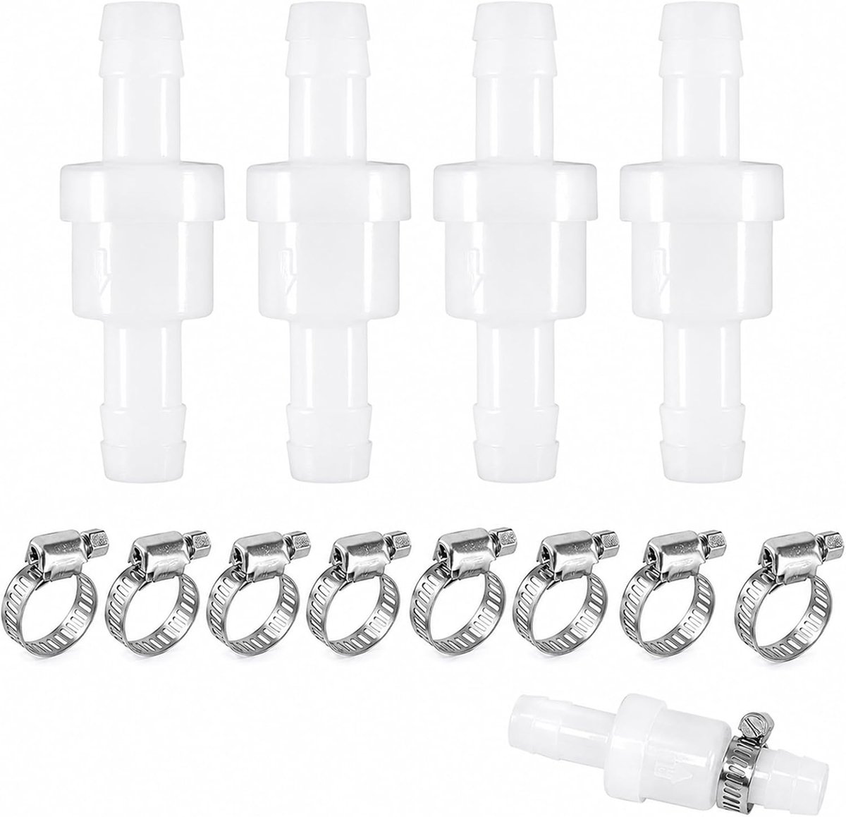 4 stuks terugslagventiel, 10 mm, terugslagklep water, kunststof inline wegwerpventiel met 8 klembanden, inline terugslagventiel voor water, brandstof, gas, vloeistof, lucht, wasmachine, condensatie