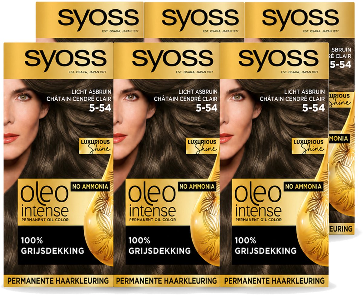 6 x SYOSS - Oleo Intense 5-54 Licht As Bruin - Haarverf - Zonder Ammoniak - Grijsdekking - Langdurige Kleur - Voordeelverpakking - 6 stuks