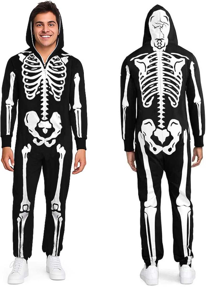 Skeletkostuum voor volwassenen, uniseks hoodie met print met capuchon en zakken voor Halloween, cosplay en feestjes