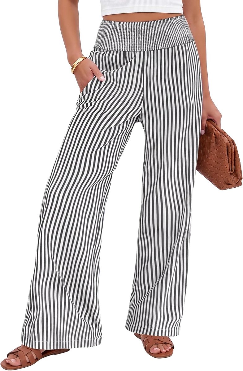 Zomerbroek voor dames met verticale strepen, brede pijpen, hoge taille, elastisch, licht, elegant, palazzo-broek met zakken, casual, vrijetijdsbroek, strand, vakantie