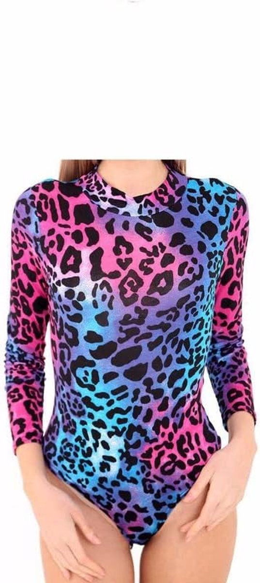 Turtle Neck Bodysuit Dames Lange Mouw Stretch Gedrukt Turtard Top Maten 8-14, Neon Luipaard, S-M