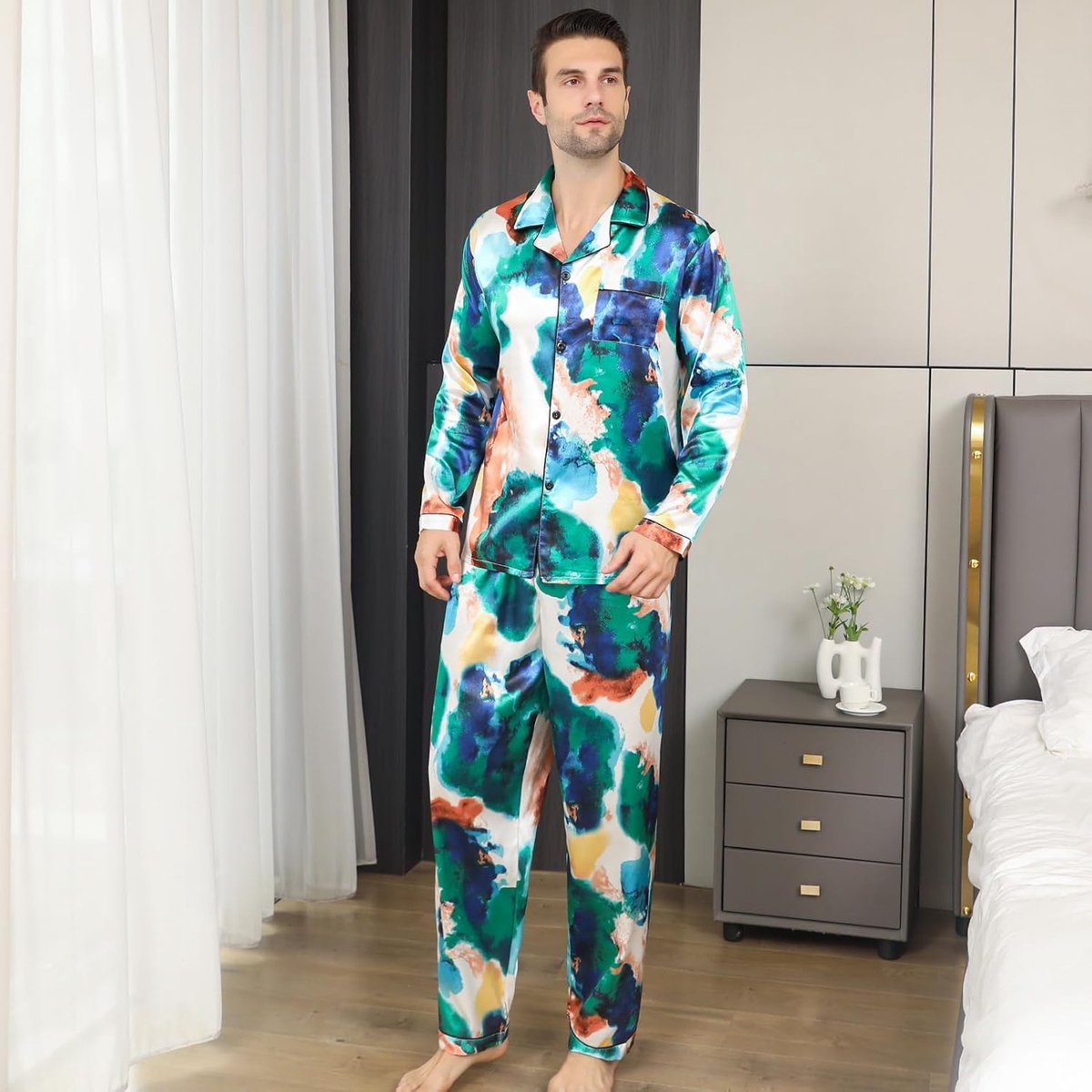 Pyjama voor heren, lange mouwen, zijdeachtige pyjama, premium nachtkleding met knoopsluiting, meerkleurig, zijdeachtige pyjamaset voor heren