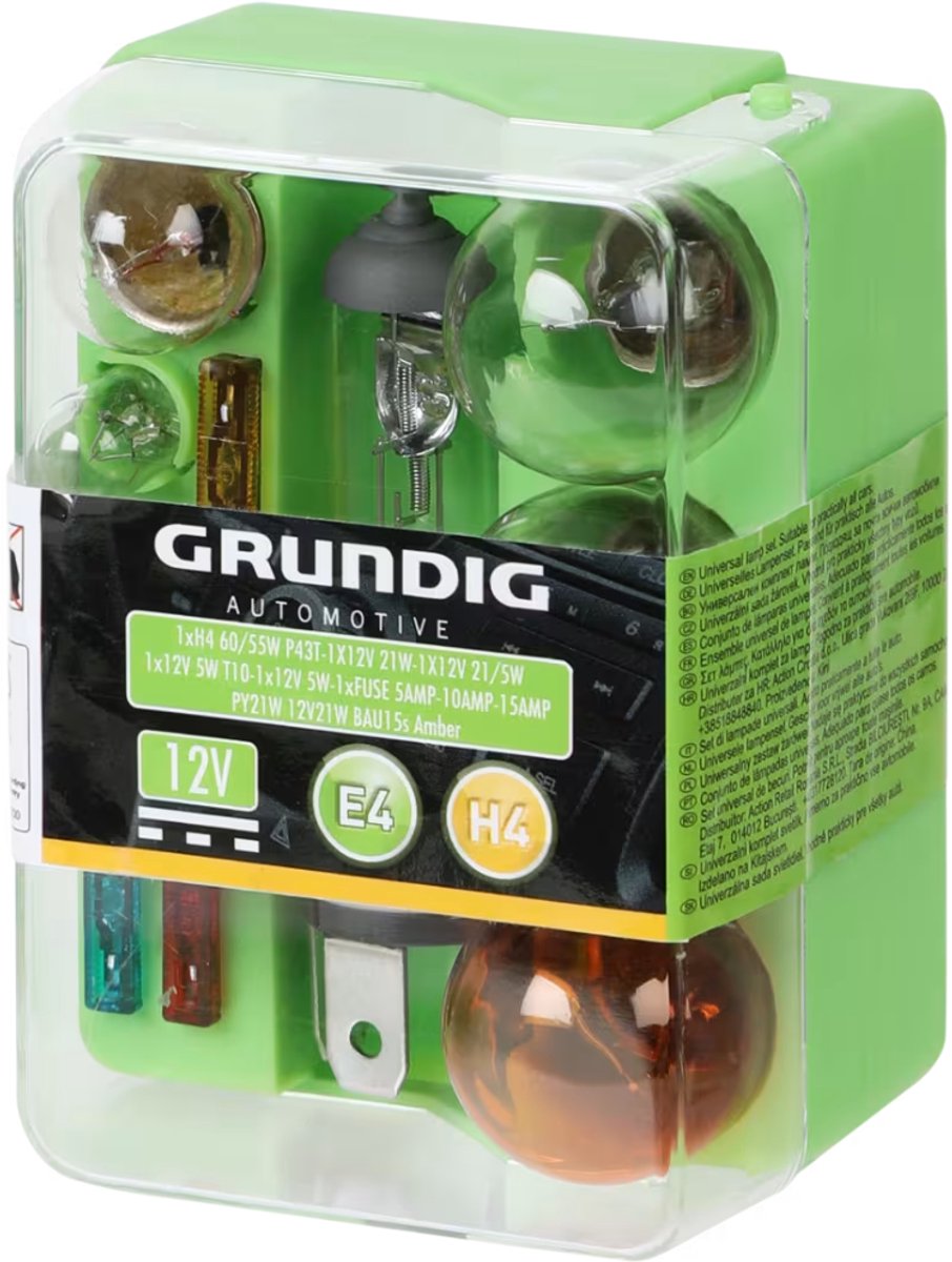 Grundig autolampenset H4 - Bevat een koplamplamp, reservelampjes en zekeringen - Geschikt voor auto's met H4 koplampen - Voor de Auto