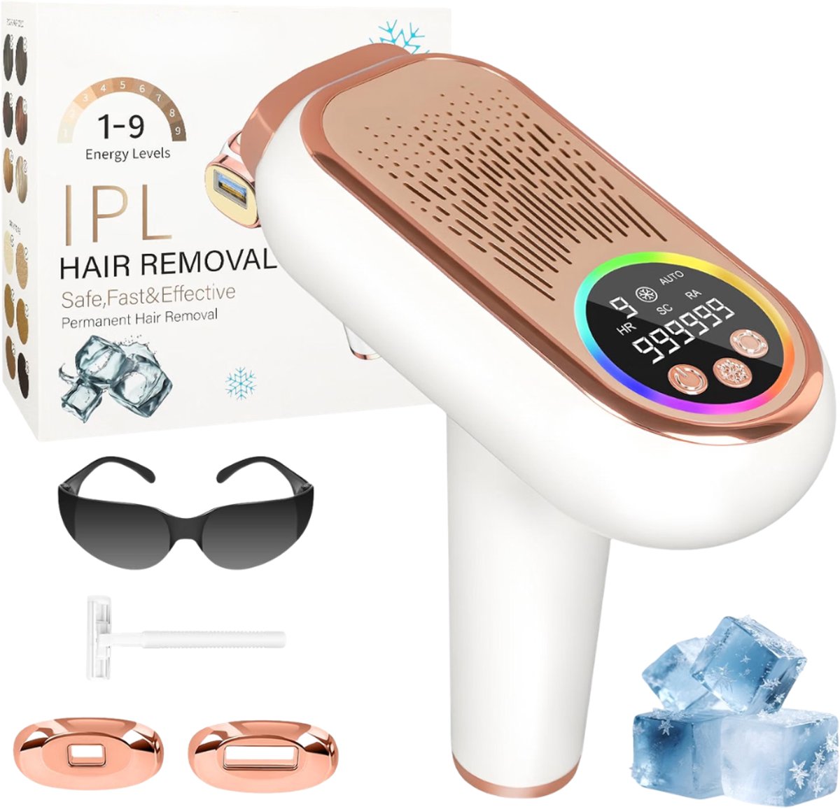 Verte - IPL Hair Removal Device - Met Freeze-Functie - Pijnloos IPL-Apparaat Met 3 Standen (HR/SC/RA) - 9 Energieniveaus - 999.999 Lichtpulsen - Voor Mannen En Vrouwen - Ideaal Voor Het Gezicht - De Bikinilijn - De Benen En Het Lichaam