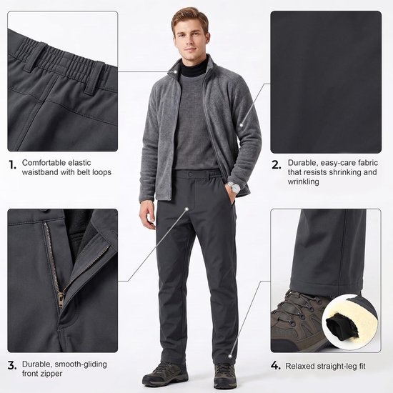 Man in een donkergrijze winterbroek met elastische tailleband, riemlussen, rits en rechte pijpen. Close-ups tonen de tailleband, stof, rits en broekspijp.